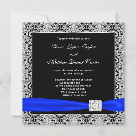 Royal Blue Zwart Zilveren Lace Wedding Kaart (Voorkant)
