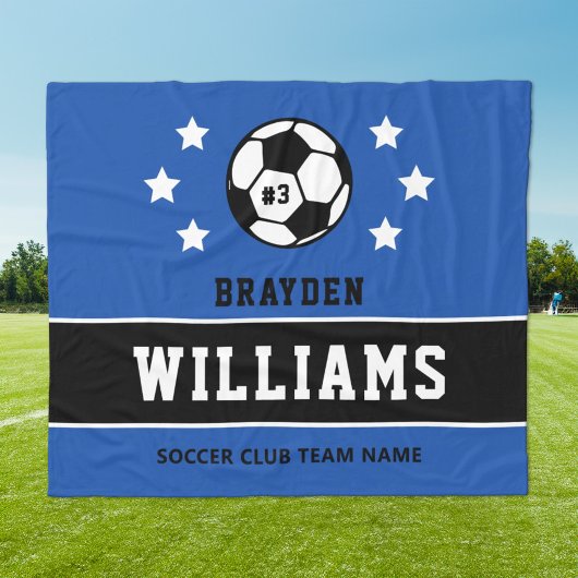 Royal Blue Zwarte Aangepaste Voetbal Naam Nummer Fleece Deken