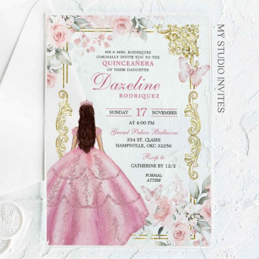 Royal Blush Pink Princess Quinceañera Acryl Uitnodigingen