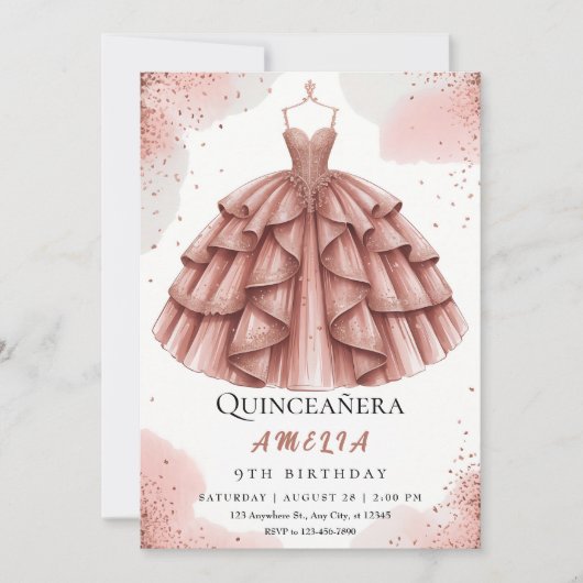 Royal Blush Pink & Roos Gold Quinceañera Kaart (Voorkant)