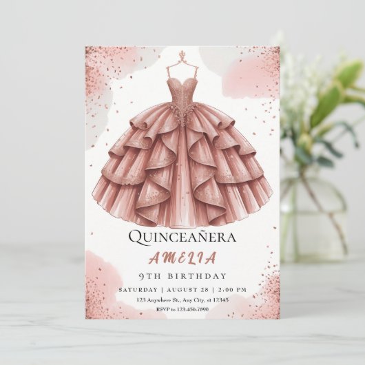 Royal Blush Pink & Roos Gold Quinceañera Kaart (Staand voorkant)