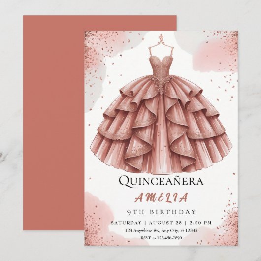 Royal Blush Pink & Roos Gold Quinceañera Kaart (Voorkant / Achterkant)