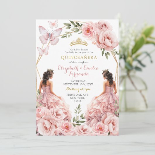 Royal Blush Pink Twins Geometrische Quinceañera Kaart (Staand voorkant)
