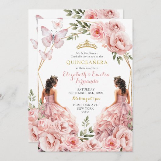 Royal Blush Pink Twins Geometrische Quinceañera Kaart (Voorkant / Achterkant)
