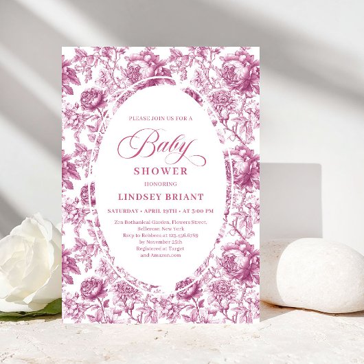 Royal Blush Rose Pattern Toile Baby Shower Invite Kaart