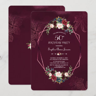Royal Bourgondië Floral Geometric 50th Birthday Kaart