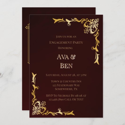 Royal Bourgondië Gold Bloeit Verlovingsfeest Kaart (Voorkant / Achterkant)