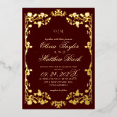 Royal Bourgondië Gouden Rozen Bloemen De Trouw van Folie Uitnodiging (Voorkant)