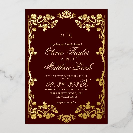 Royal Bourgondië Gouden Rozen Bloemen De Trouw van Folie Uitnodiging (Voorkant)