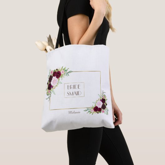 Royal Bourgondië Marsala Floral Bruidsmeisje Tote Bag (Dichtbij)