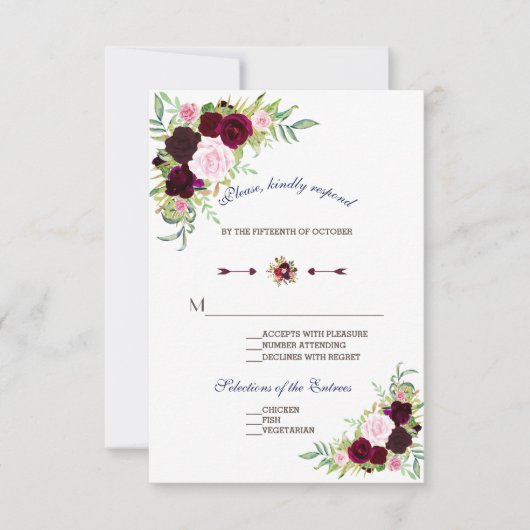 Royal Bourgondië Marsala Floral Wedding RSVP (Voorkant)