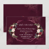 Royal Burgundy Bloemige Huwelijksbelofte Verlengen Save The Date (Voorkant / Achterkant)