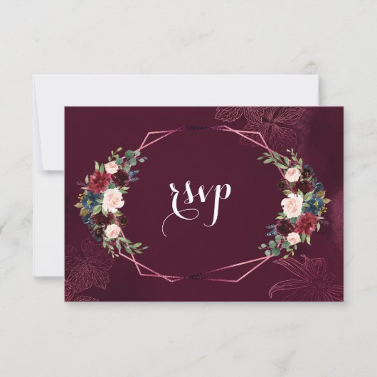 Royal Burgundy Blush Floral Geometric RSVP Kaartje (Voorkant)