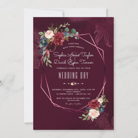 Royal Burgundy Blush Floral Geometric Wedding Kaart (Voorkant)
