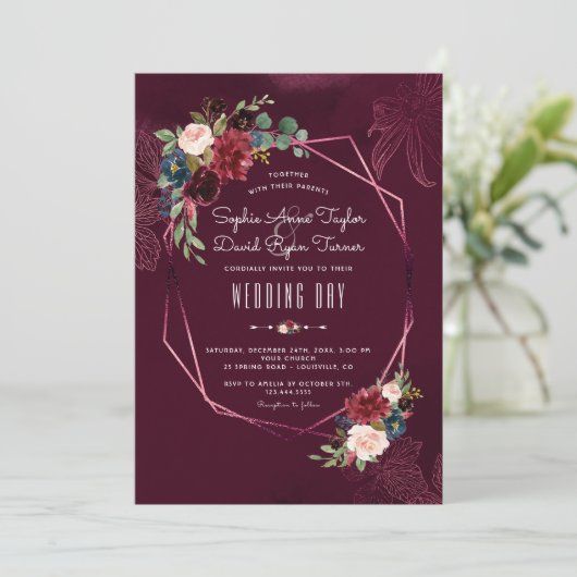 Royal Burgundy Blush Floral Geometric Wedding Kaart (Staand voorkant)