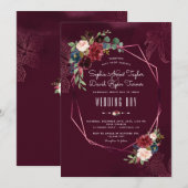 Royal Burgundy Blush Floral Geometric Wedding Kaart (Voorkant / Achterkant)