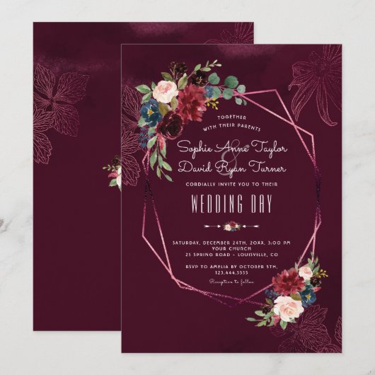 Royal Burgundy Blush Floral Geometric Wedding Kaart (Voorkant / Achterkant)