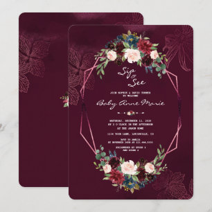 Royal Burgundy Blush Floral Sip & See Baby shower Kaart
