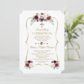 Royal Burgundy Blush Flowers First Heilige Communi Kaart (Staand voorkant)