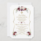 Royal Burgundy Blush Flowers First Heilige Communi Kaart (Voorkant)