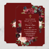 Royal Burgundy Blush Flowers Gold Cross Baptisme Kaart (Voorkant / Achterkant)