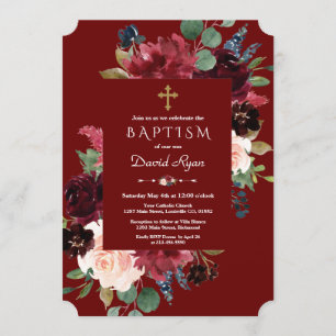 Royal Burgundy Blush Flowers Gold Cross Baptisme Kaart