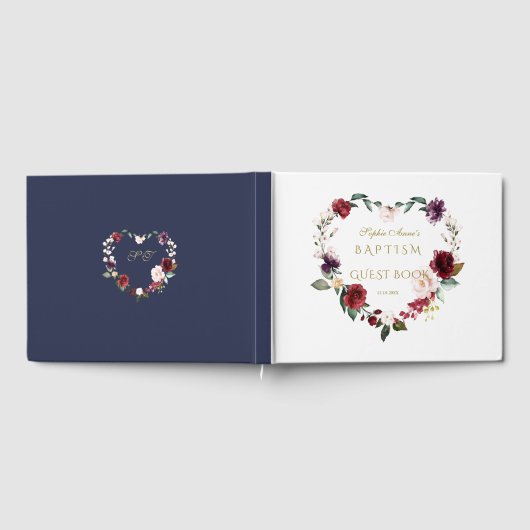 Royal Burgundy Blush Flowers Navy Blue Baptism Gastenboek (Volledig)