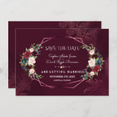 Royal Burgundy Floral Geometric bewaar de datum Save The Date (Voorkant / Achterkant)
