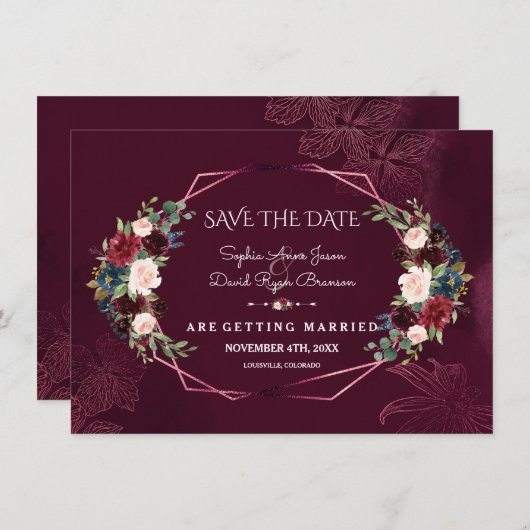 Royal Burgundy Floral Geometric bewaar de datum Save The Date (Voorkant / Achterkant)