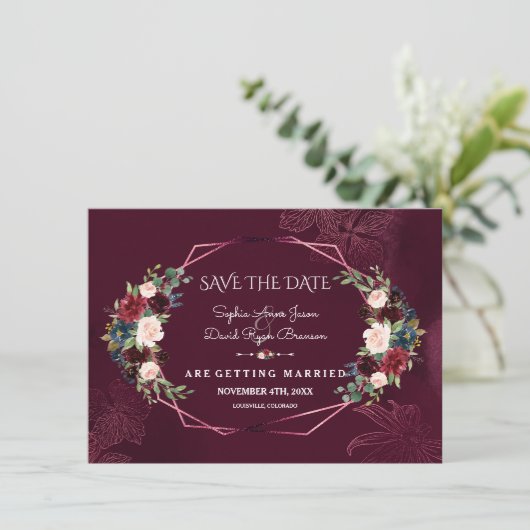 Royal Burgundy Floral Geometric bewaar de datum Save The Date (Staand voorkant)