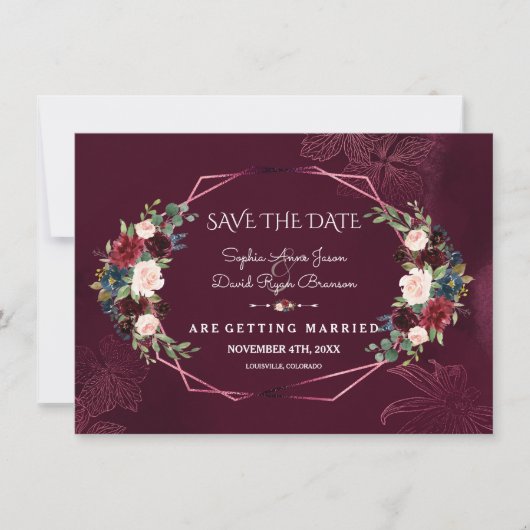 Royal Burgundy Floral Geometric bewaar de datum Save The Date (Voorkant)