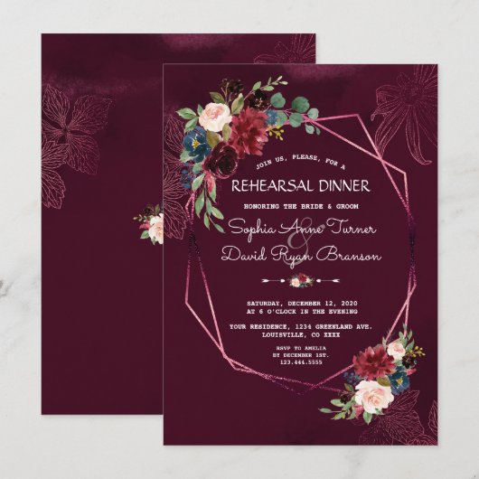 Royal Burgundy Floral Geometric Rehearsal Dinner Kaart (Voorkant / Achterkant)