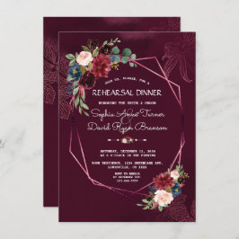 Royal Burgundy Floral Geometric Rehearsal Dinner Kaart