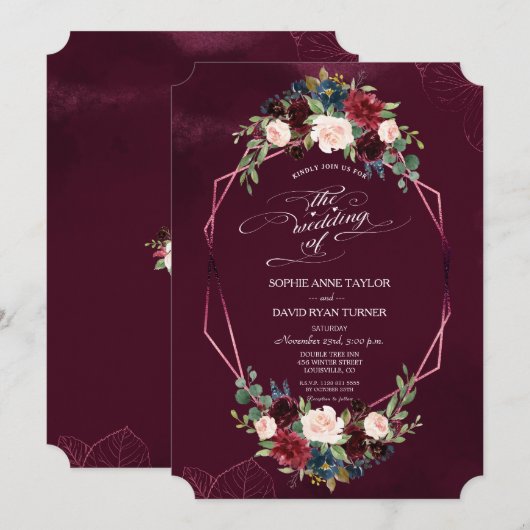 Royal Burgundy Floral Geometric Wedding Kaart (Voorkant / Achterkant)