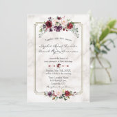 Royal Burgundy Floral Gold Marble Monogram Weddens Kaart (Staand voorkant)