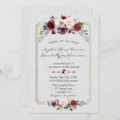 Royal Burgundy Floral Gold Monogram Weddenschap Kaart (Voorkant / Achterkant)