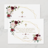 Royal Burgundy Flowers Gold Lijst Cross Baptisme Bedankkaart (Voorkant / Achterkant)