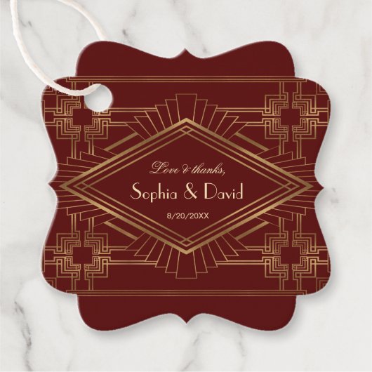 Royal Burgundy Gold Great Gatsby Wedding Bedankjes Labels (Voorkant)