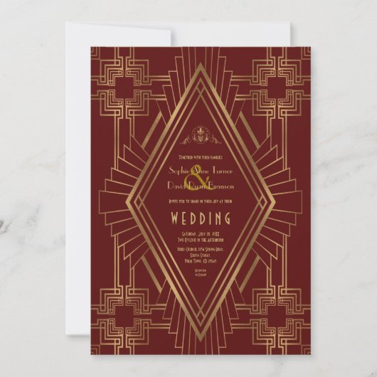 Royal Burgundy Gold Great Gatsby Wedding Kaart (Voorkant)