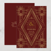 Royal Burgundy Gold Great Gatsby Wedding Kaart (Voorkant / Achterkant)