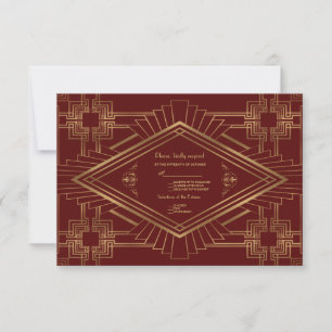 Royal Burgundy Gold Great Gatsby Wedding RSVP Kaartje