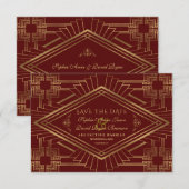 Royal Burgundy Gold Great Gatsby Wedding Save The Date (Voorkant / Achterkant)
