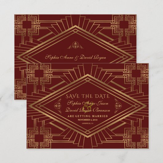 Royal Burgundy Gold Great Gatsby Wedding Save The Date (Voorkant / Achterkant)