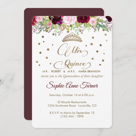 Royal Burgundy Gold Mis Quince Script Quinceañera Kaart (Voorkant / Achterkant)