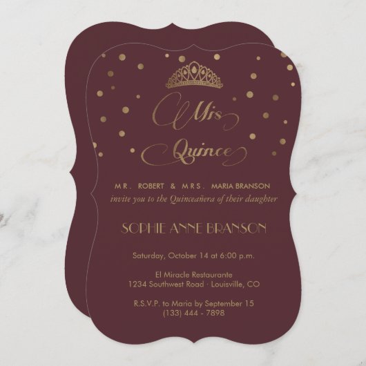 Royal Burgundy Gold Mis Quince Script Quinceañera Kaart (Voorkant / Achterkant)