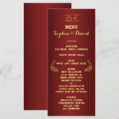 Royal Burgundy Gold Peacock Weddenschap Menu Custo (Voorkant / Achterkant)