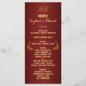 Royal Burgundy Gold Peacock Weddenschap Menu Custo (Voorkant)