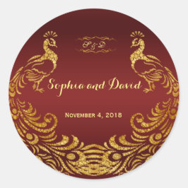 Royal Burgundy Gold Peacock Wedding Custom Ronde Sticker