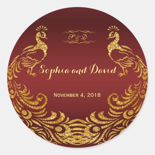 Royal Burgundy Gold Peacock Wedding Custom Ronde Sticker (Voorkant)