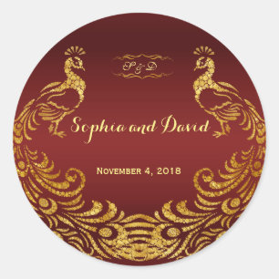 Royal Burgundy Gold Peacock Wedding Custom Ronde Sticker